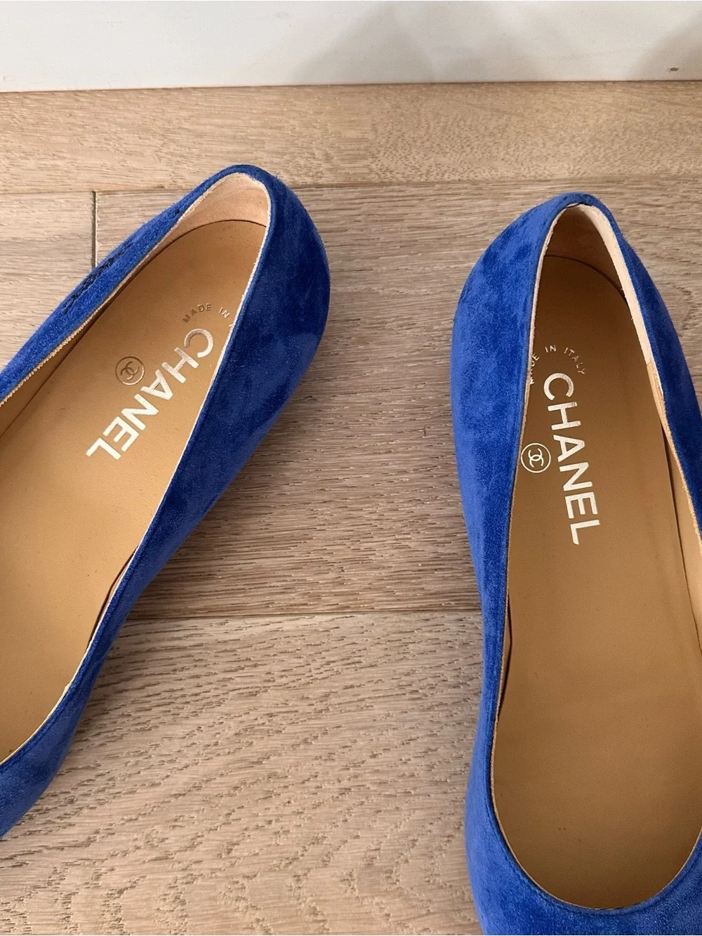 CHANEL Royal Blue Suede Pointed Flats with Black Satin Toe